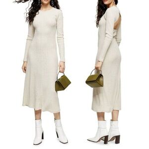 Topshop Women’s 10 Beige Knit Open Back Midi Dress Long Sleeve Bodycon Stretch